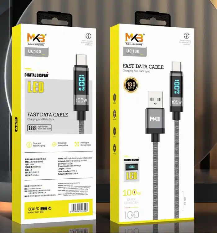 MKB UC100 USB – Type C/100W hight power/Automatic power identification with IC/ LED display / hight density braided Data cable